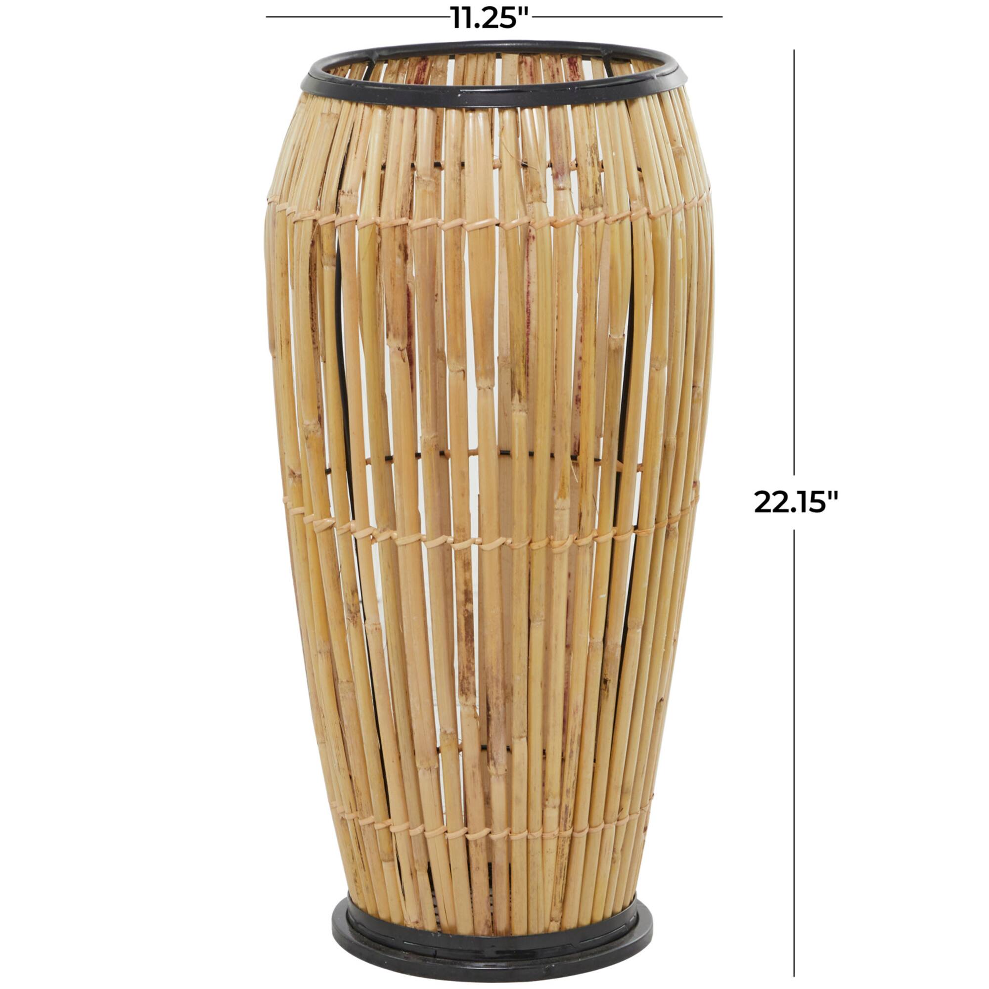 Brown Wicker Handmade Slatted Frame Vase with Black Metal Accents
